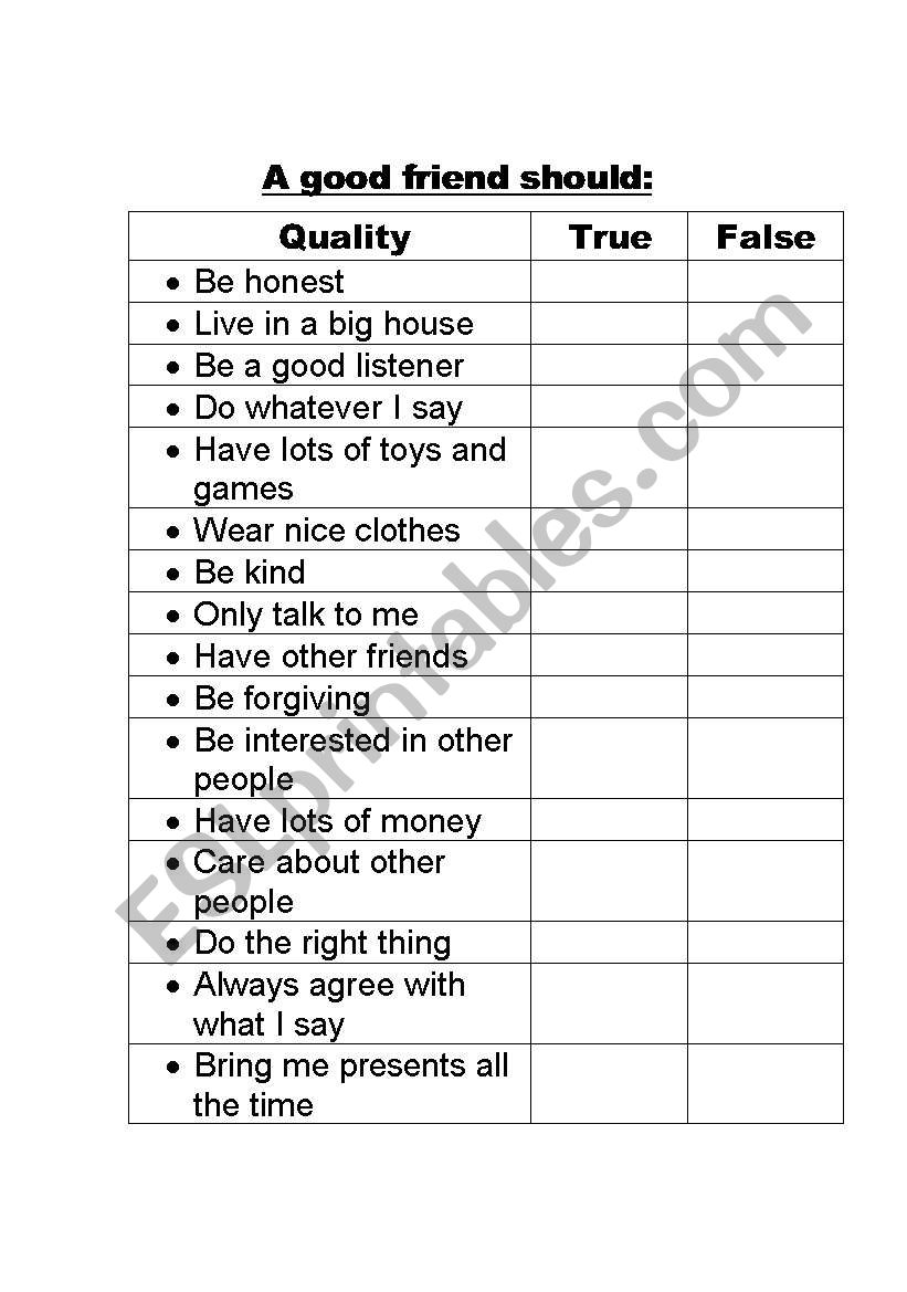 good qualities worksheet