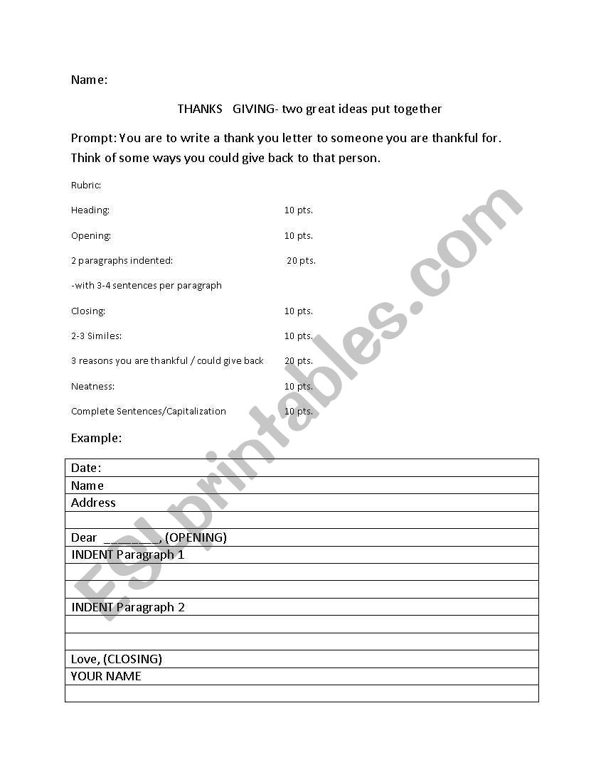 Thank  you letter and rubric worksheet