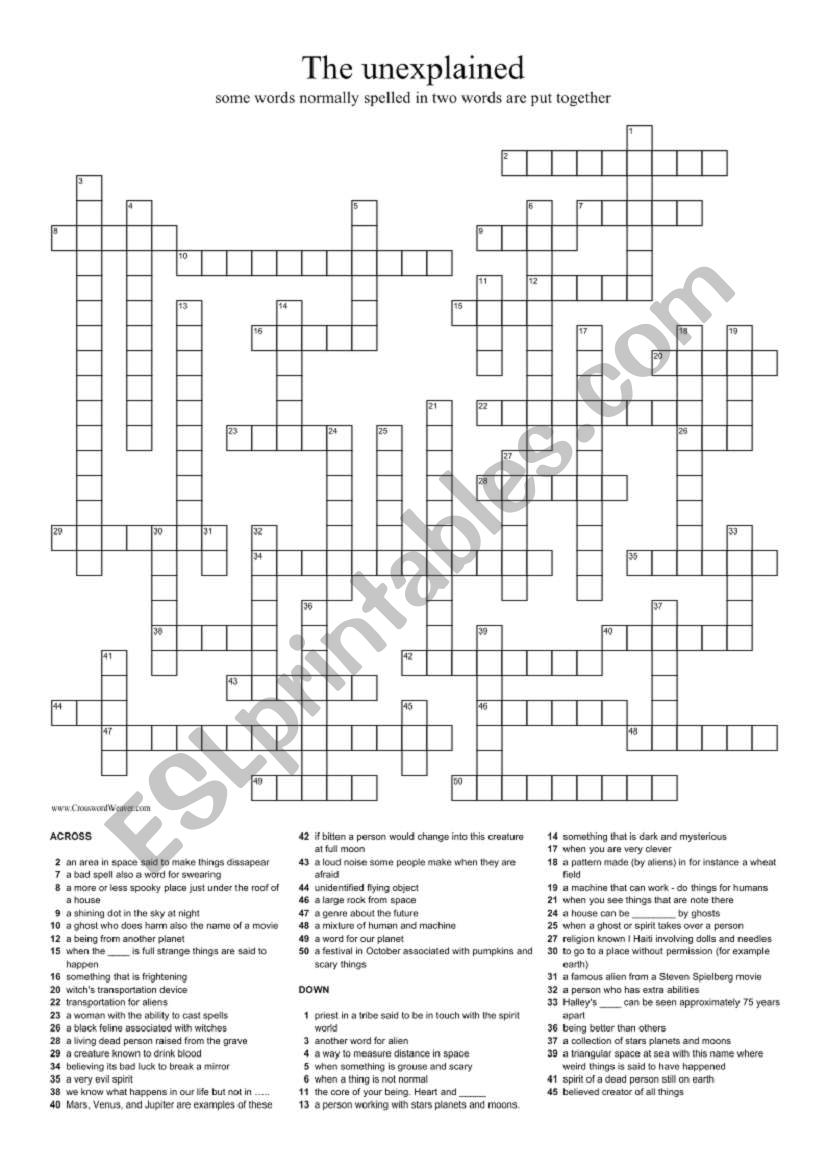 Crossword The unexplained worksheet