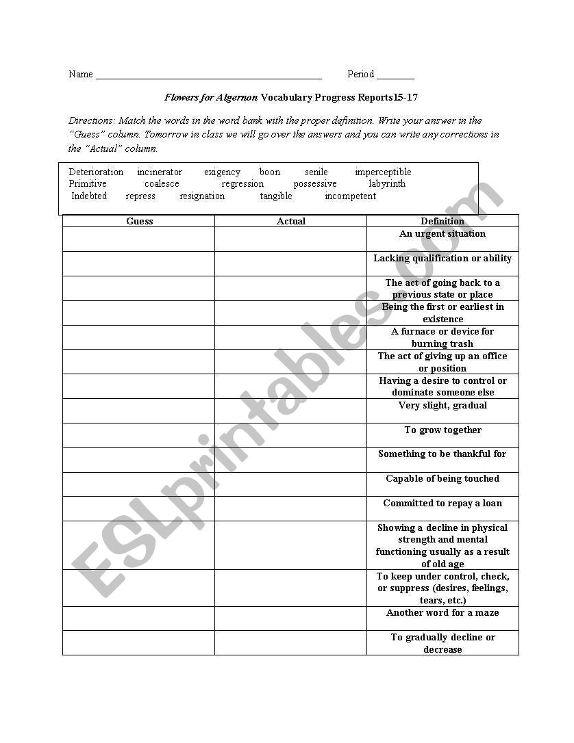 Flowers for Algernon Vocab Words Progress Reports 15-17