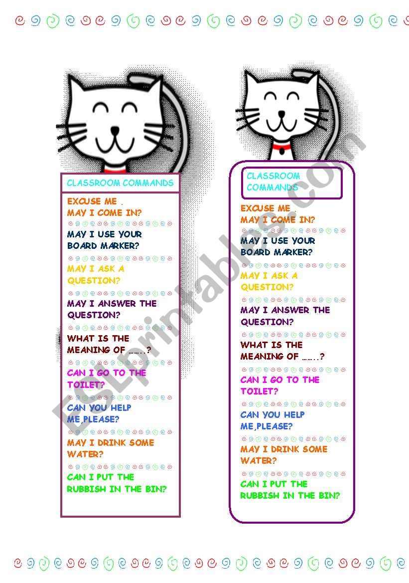 Classroom Commands bookmark worksheet