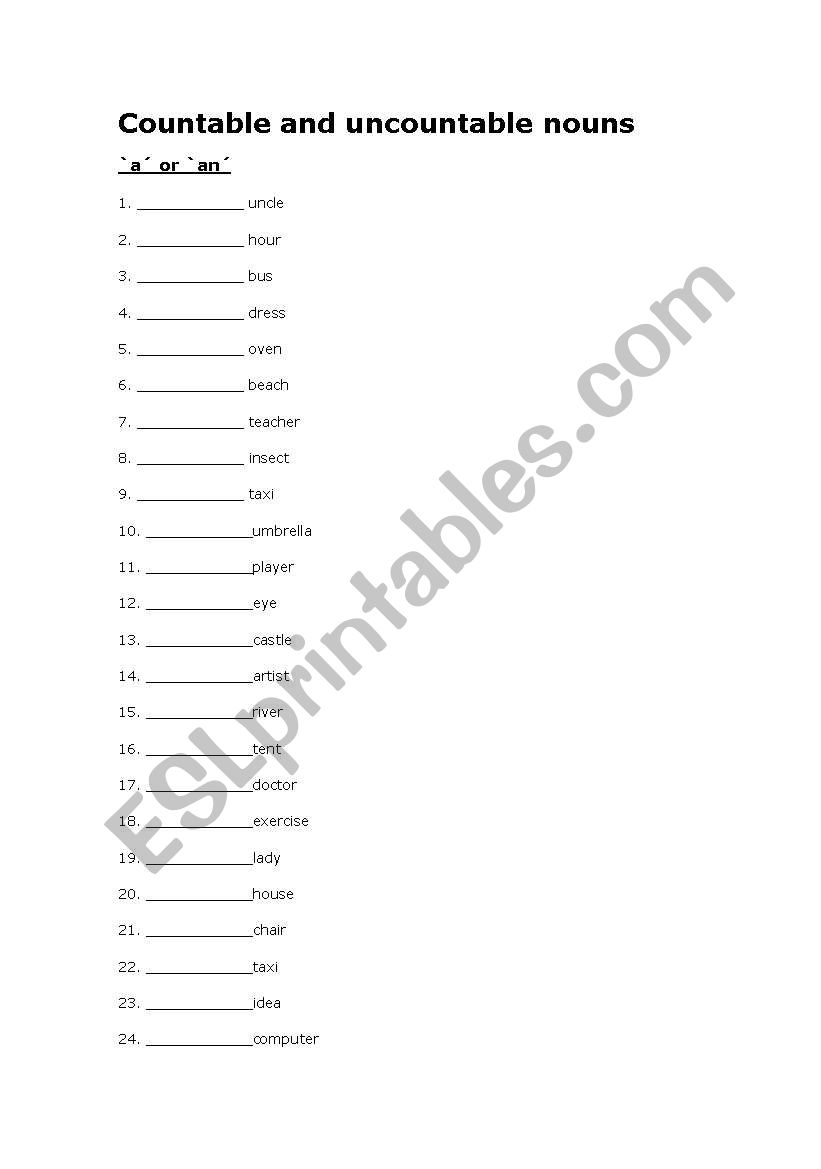 Countable and uncountable worksheet