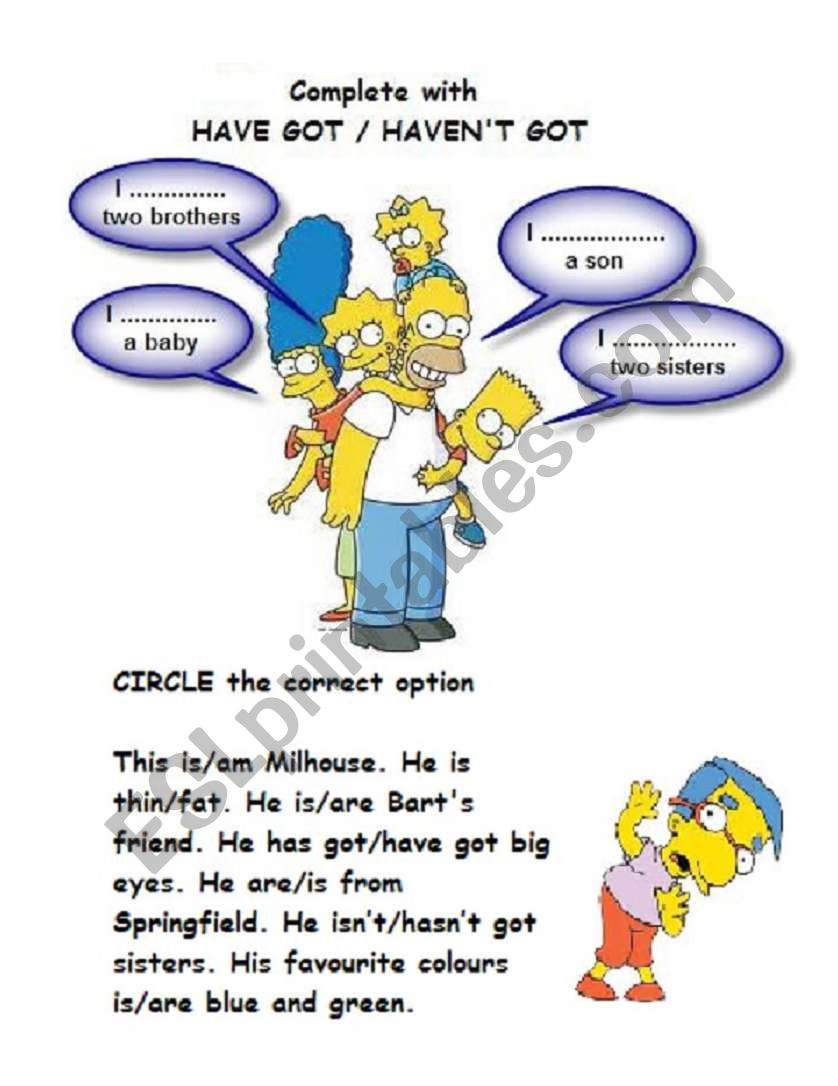 The Simpsons and Milhouse worksheet