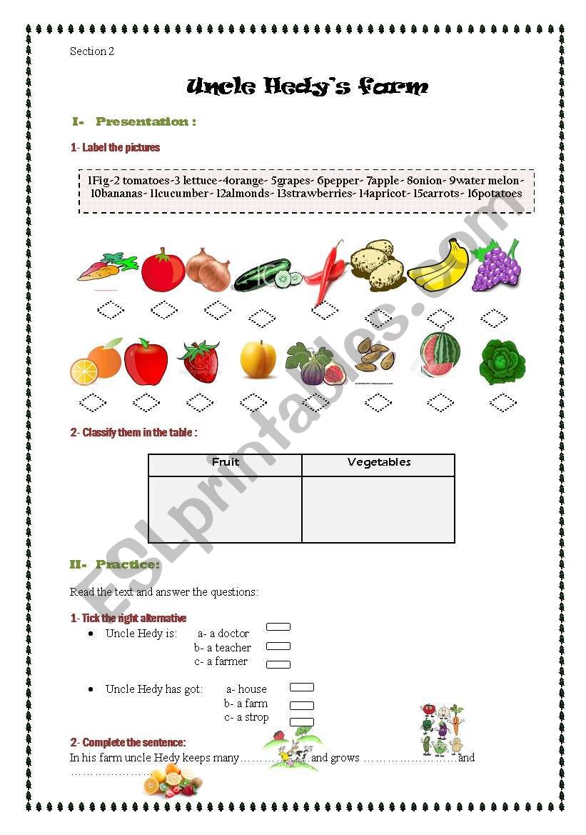 uncle Hedys farm worksheet