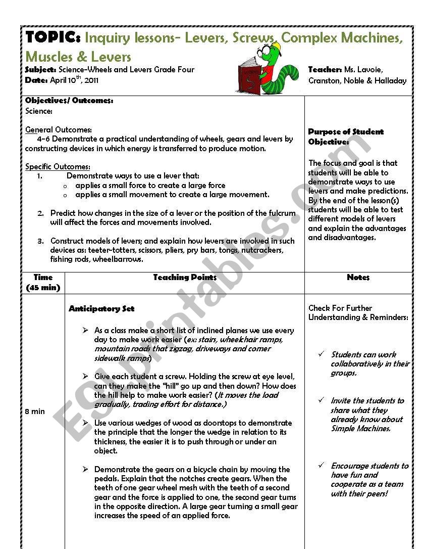 Levers Inquiry Lesson worksheet