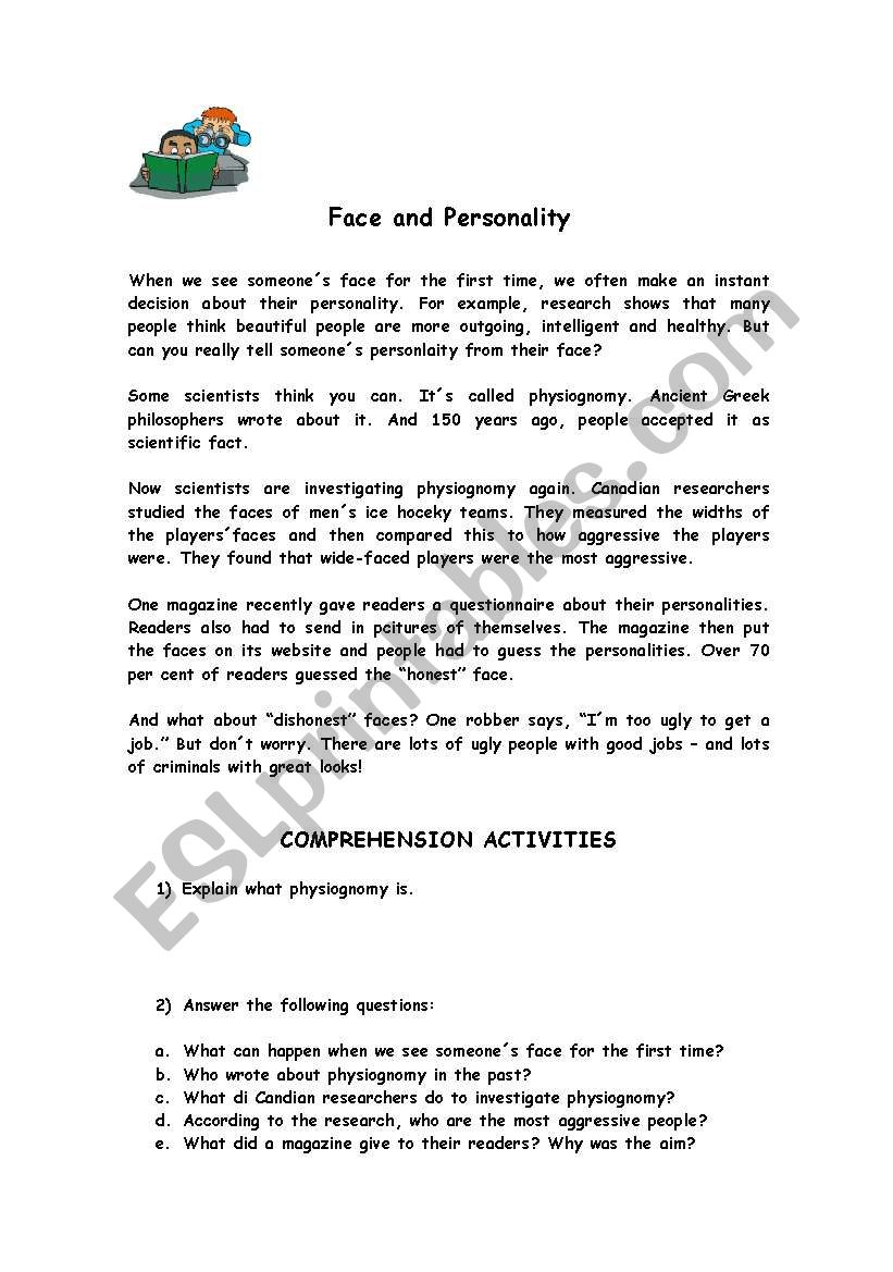 Face and Personality worksheet