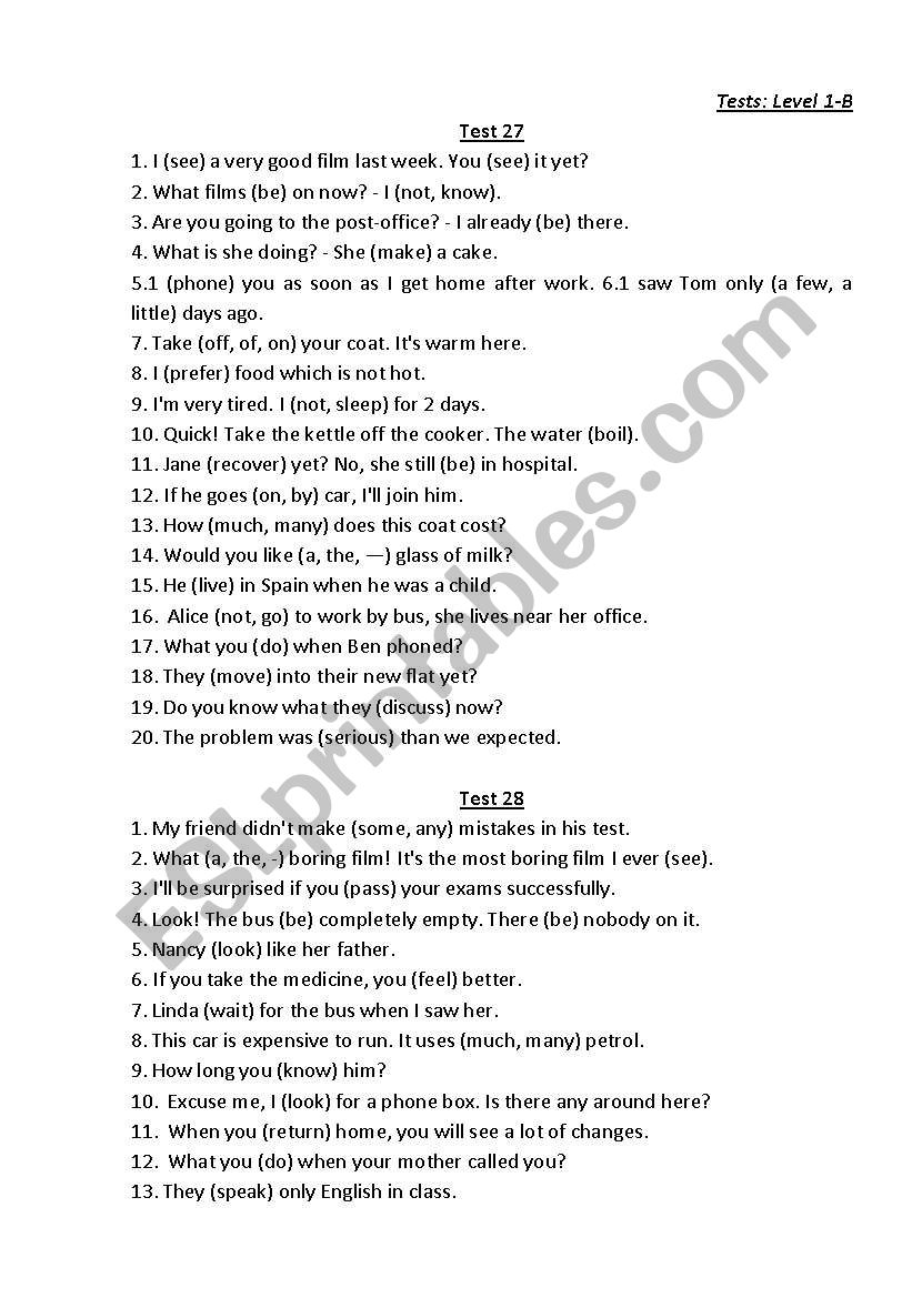 Tests: Level 1-B worksheet