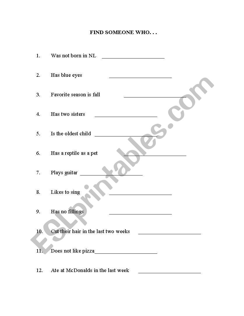 Find Someone Who Activity worksheet