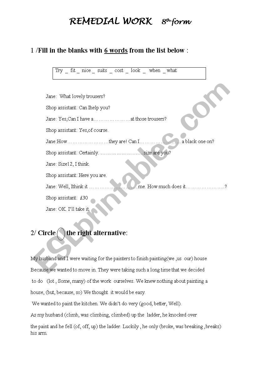 8th form remedial work worksheet