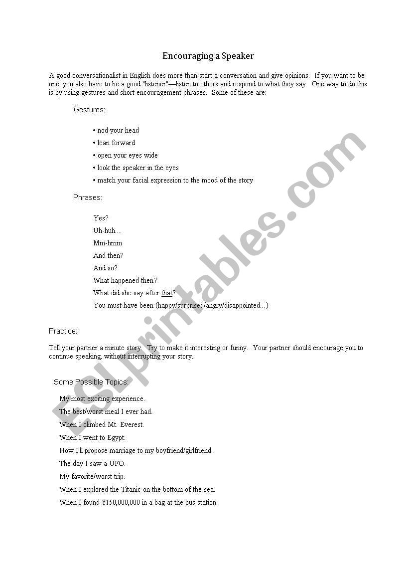 Encouraging a Speaker worksheet