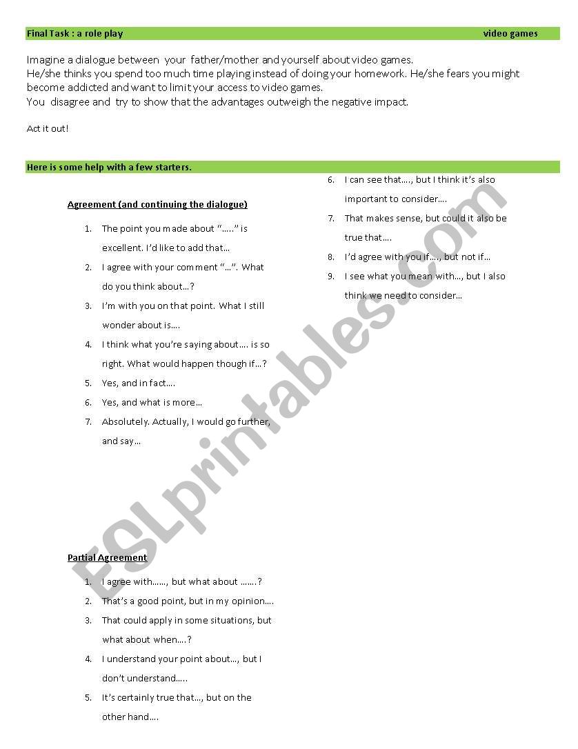  role play on video games worksheet