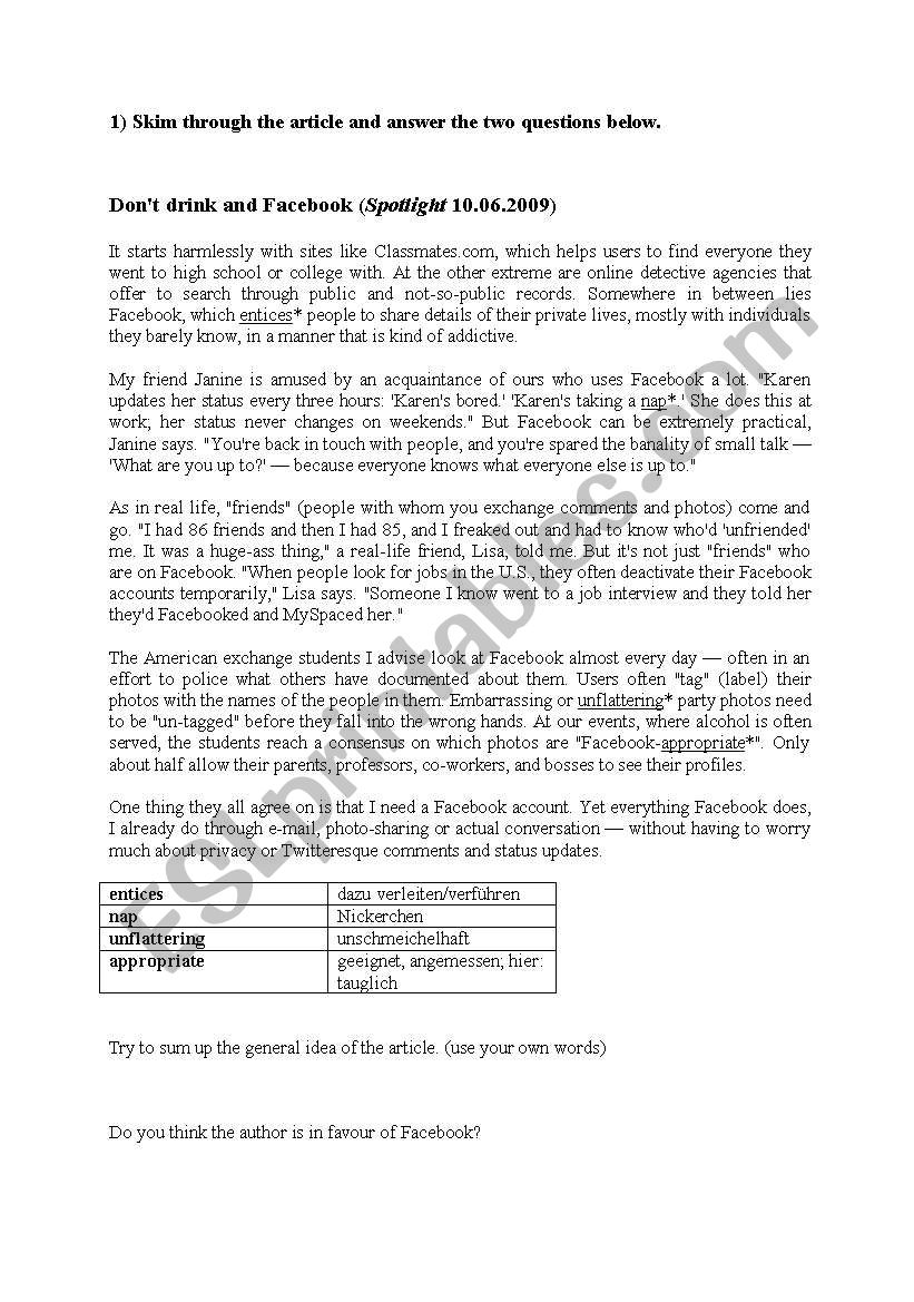 Dont drink and Facebook worksheet