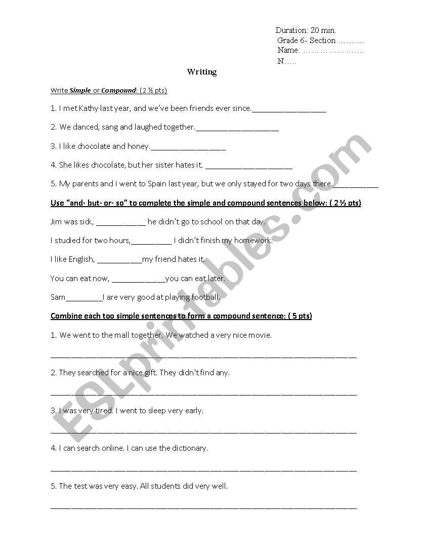 Simpleand compound sentences worksheet/quiz