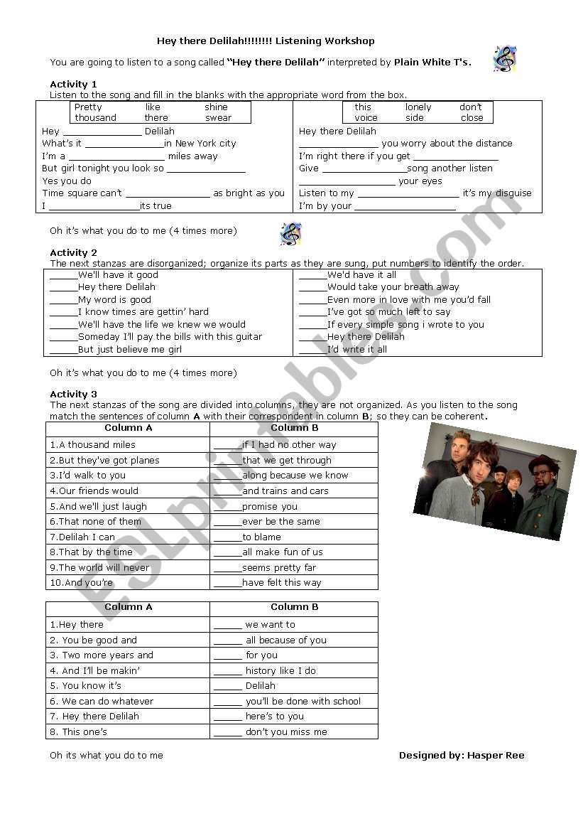 Hey there Delilah (song) worksheet