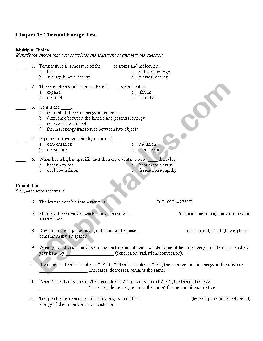 Thermal Energy Test worksheet