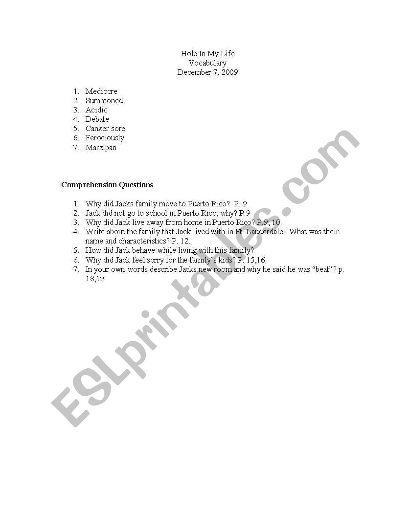 Hole in My Life worksheet