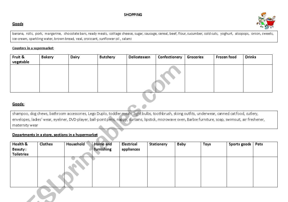 Shopping vocabulary worksheet