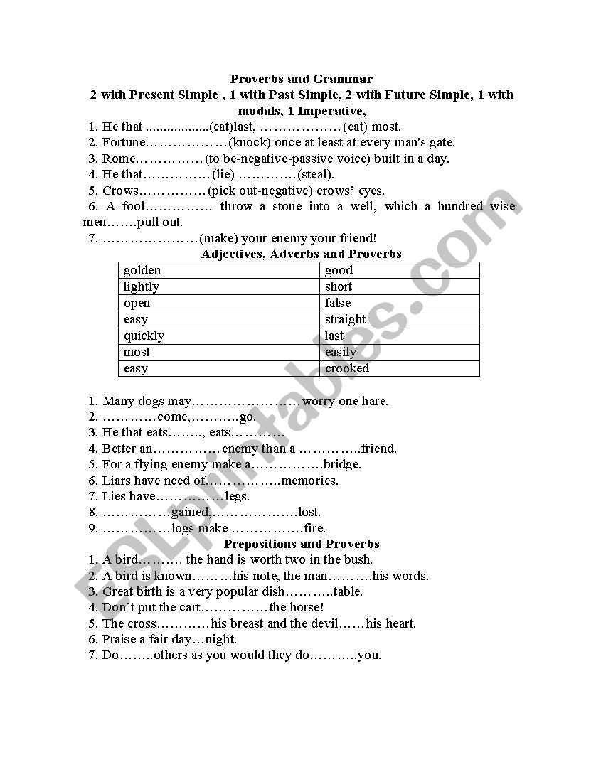 Proverbs and grammar worksheet