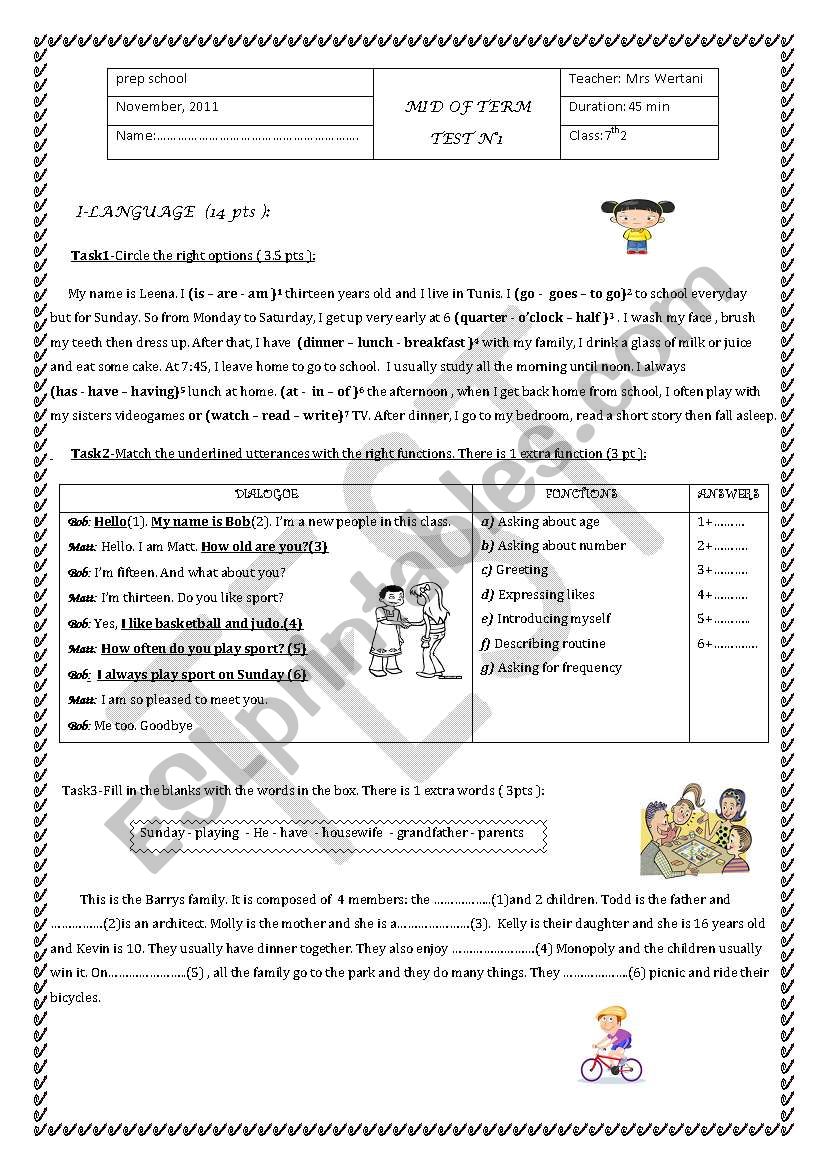 mid of term test 1 for the 7th form