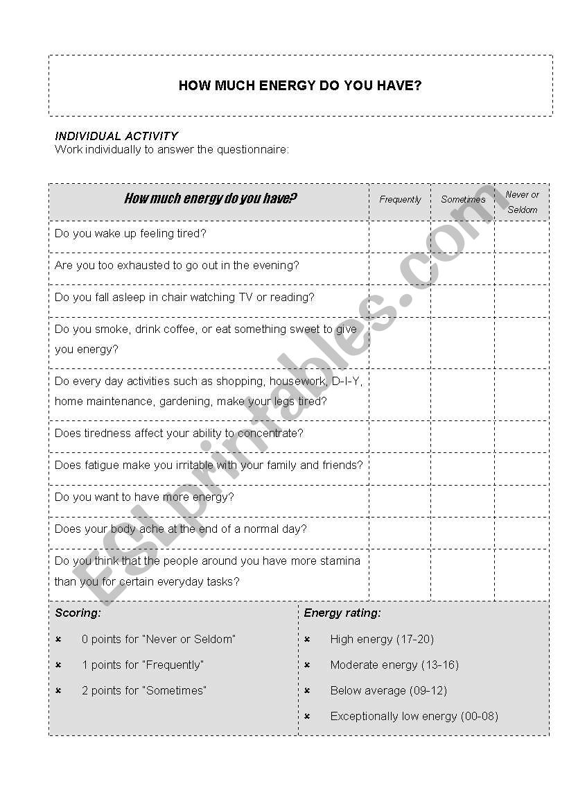 How Much Energy Do you have? worksheet