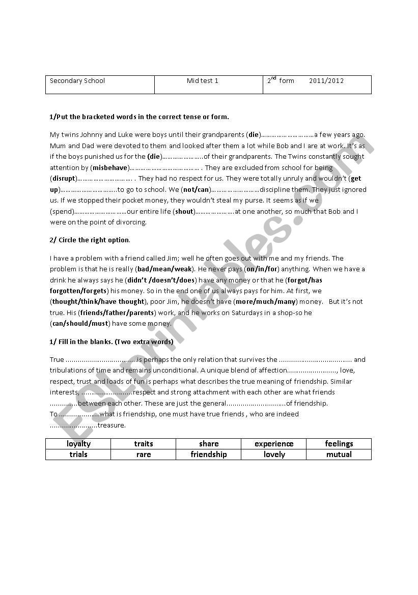 mid 1 test 2nd form  worksheet
