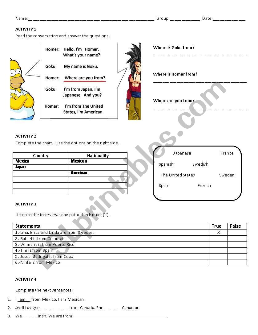 Countries and Nationalities worksheet