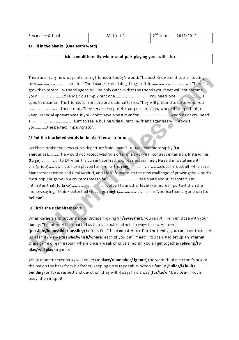 2nd form mid term test 1 worksheet