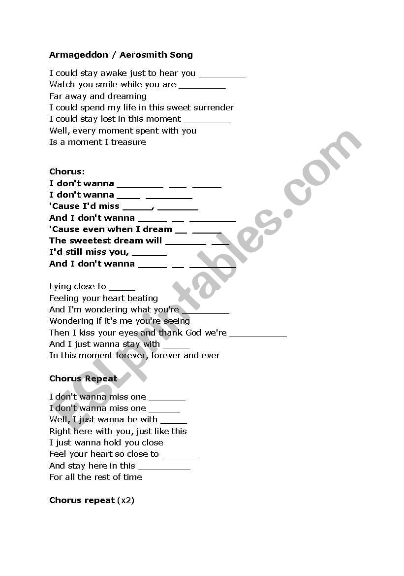 Song Armageddon Aerosmith Don T Want To Miss A Thing Esl Worksheet By Brendan7777