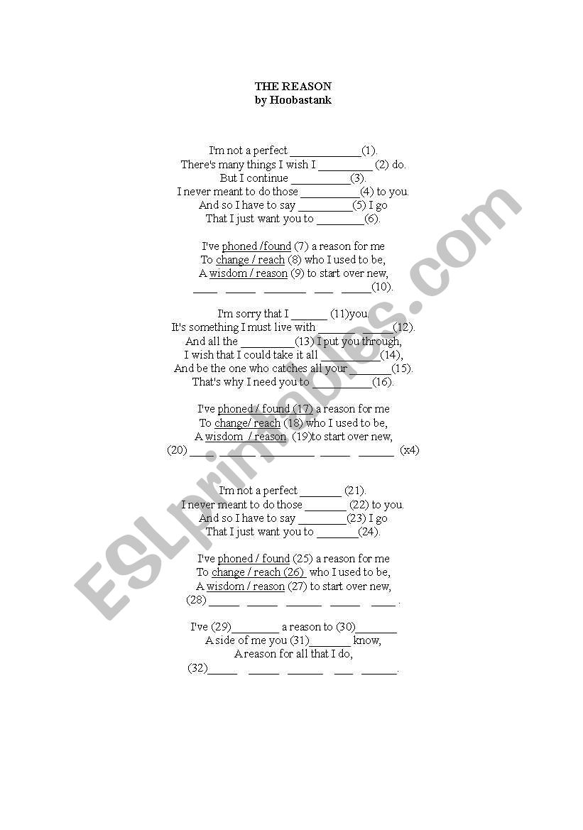 The reason song  worksheet