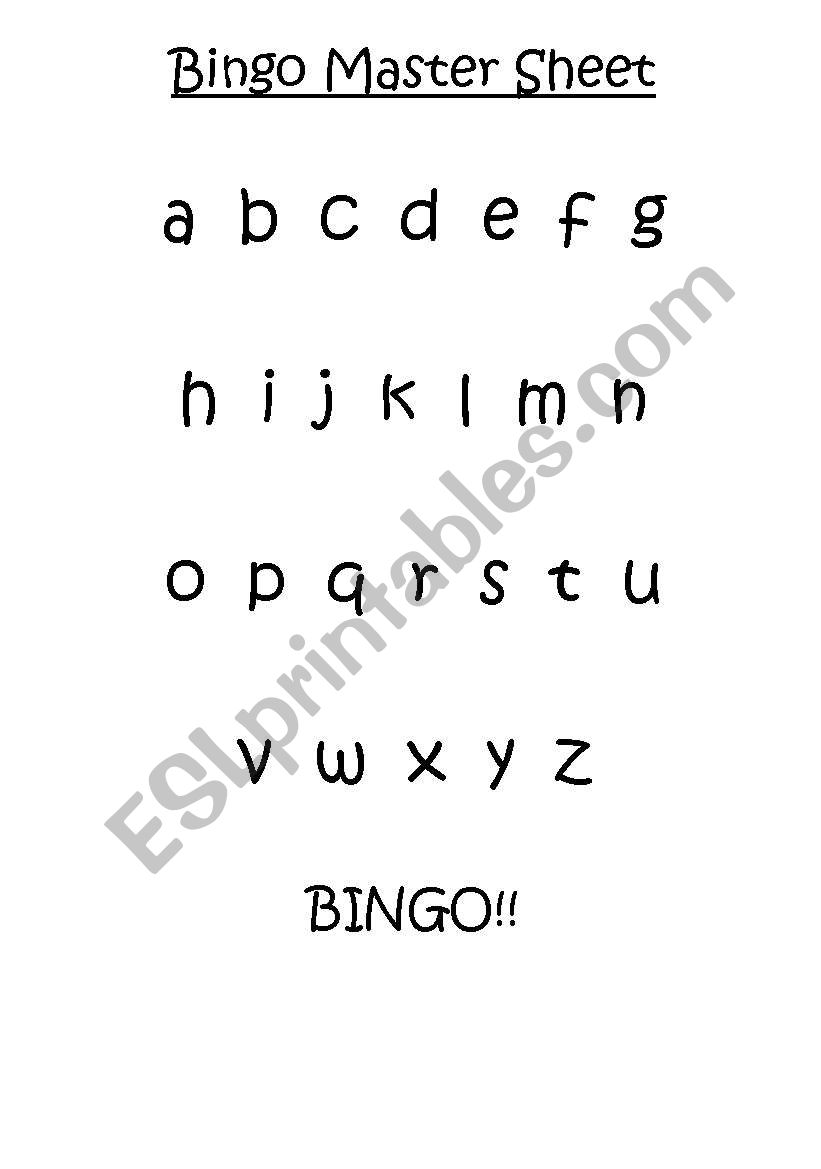 Bingo Master Sheet worksheet
