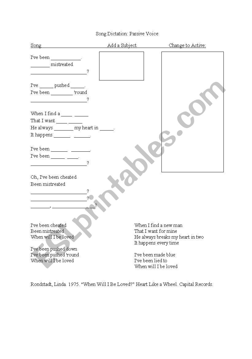 Passive Voice Song Dictation worksheet