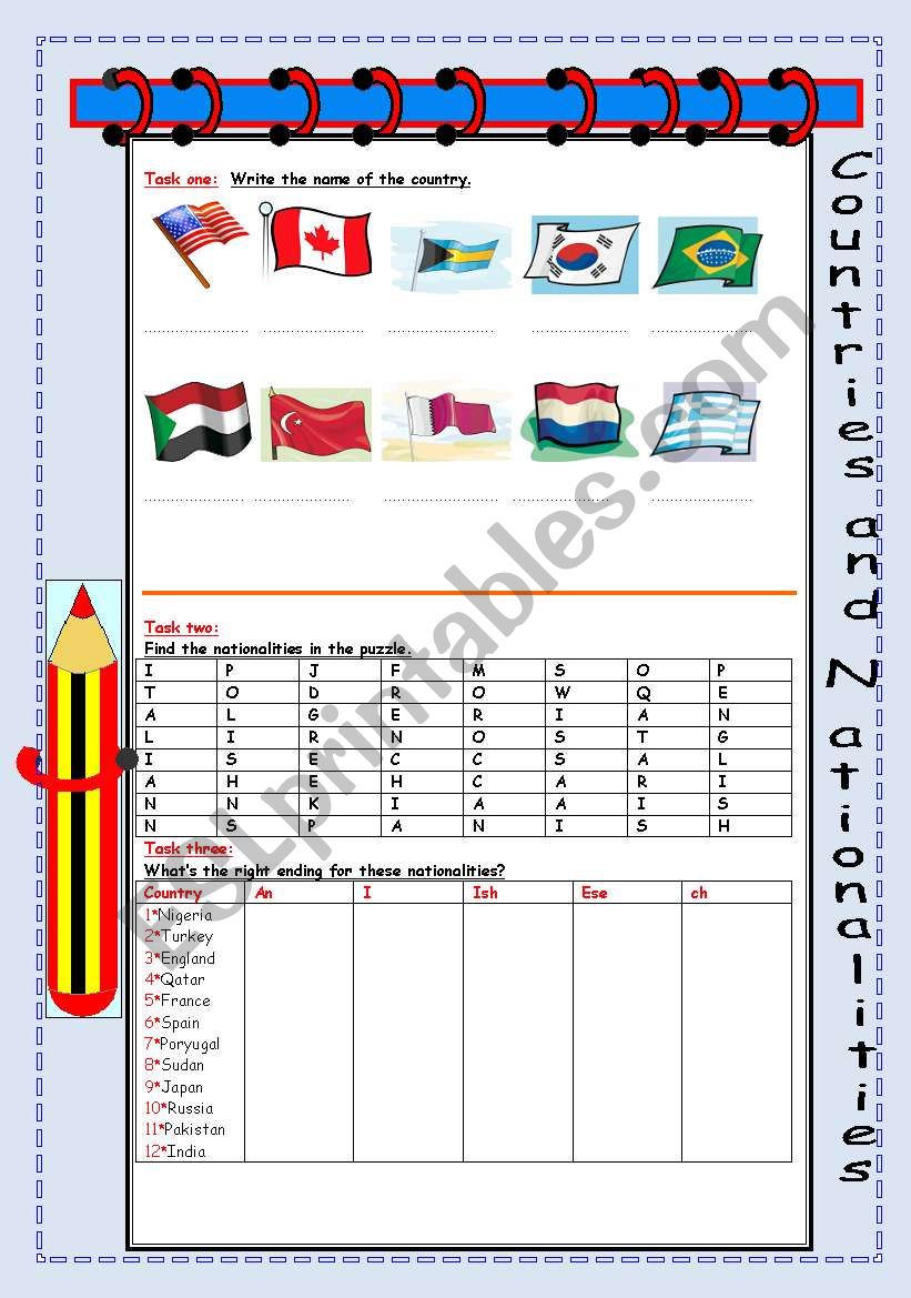 tasks about countries and nationalities