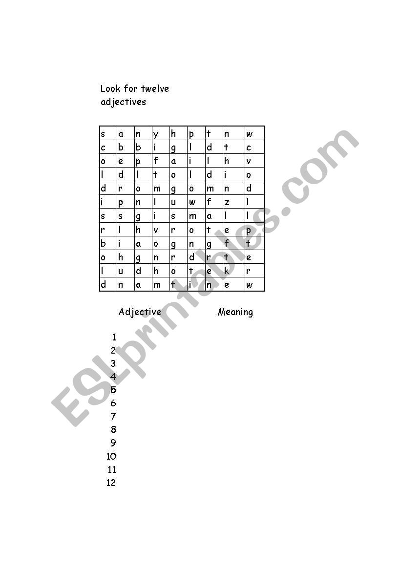 Find twelve adjectives worksheet