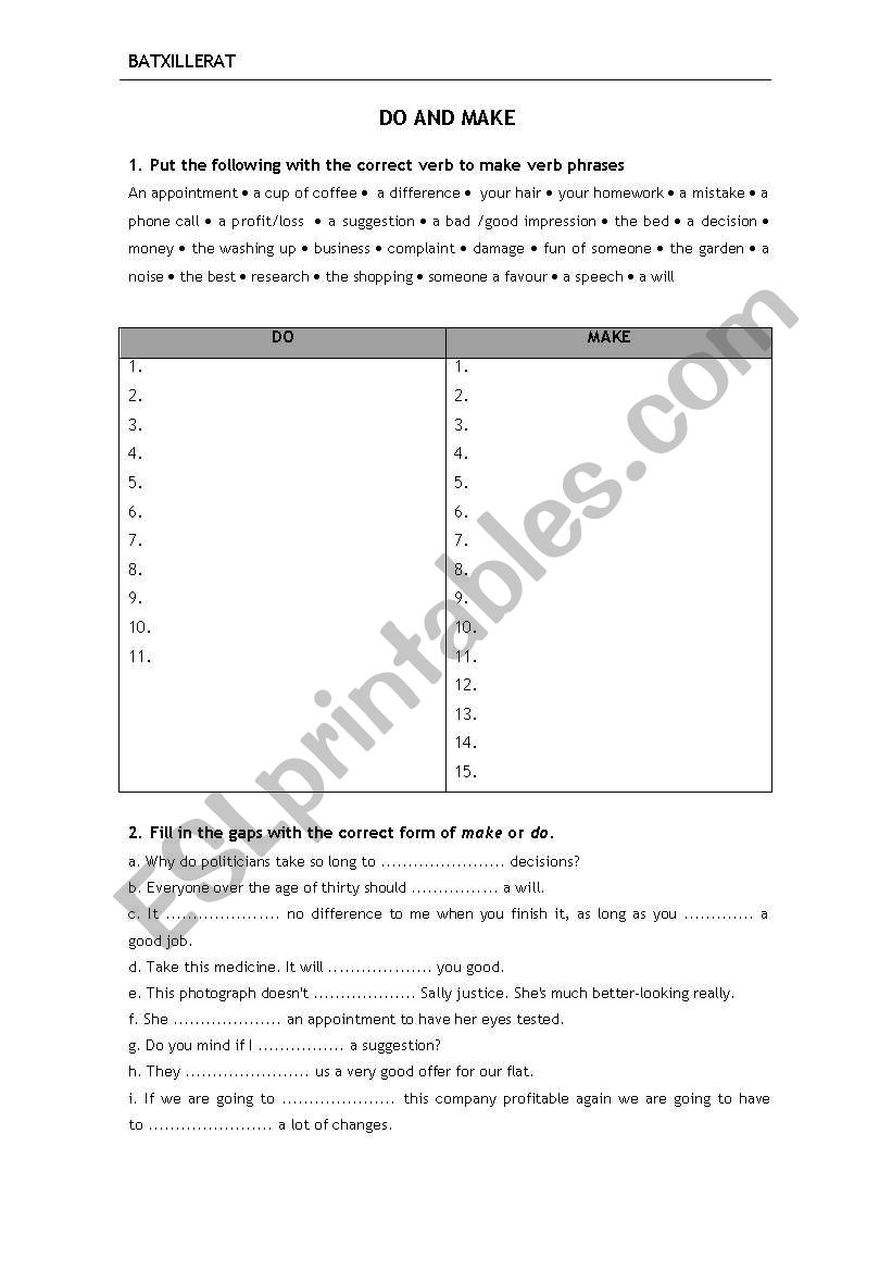 Do and make worksheet