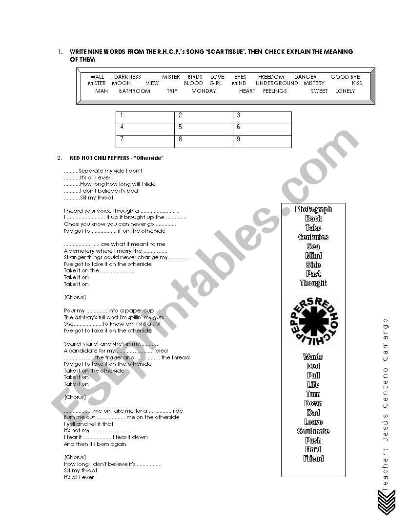 RHCP songs worksheet