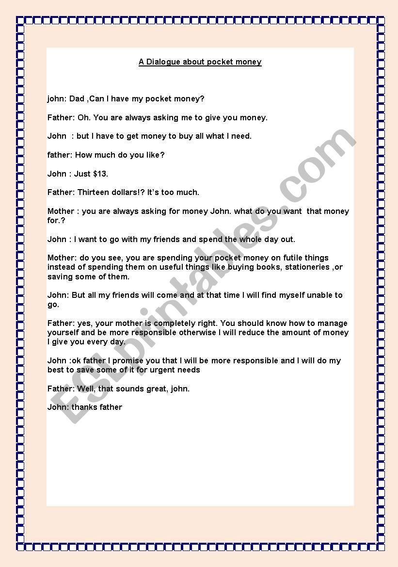 A Dialogue about pocket money worksheet