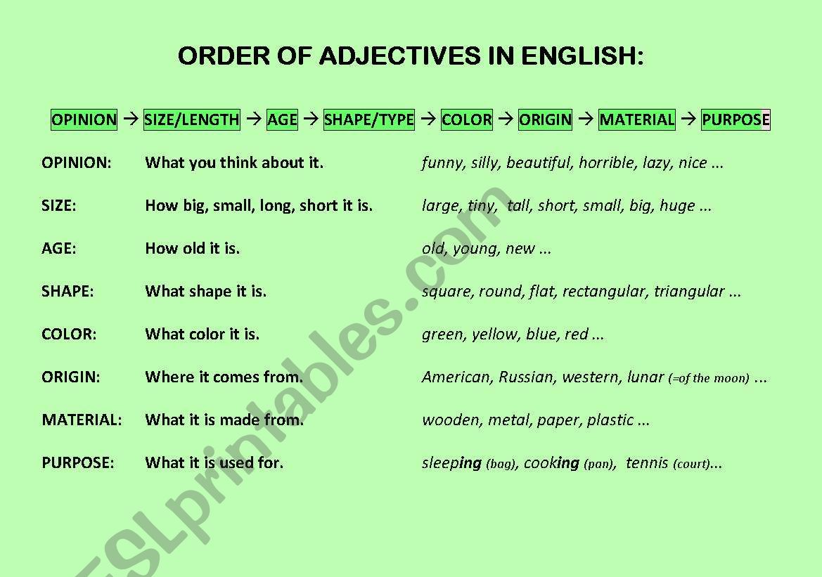 Order of Adjectives worksheet