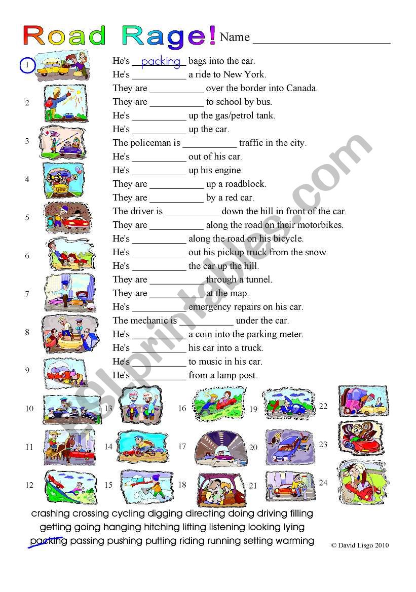 Road Rage! : Present Continuous + Prepositions of Movement with answer key