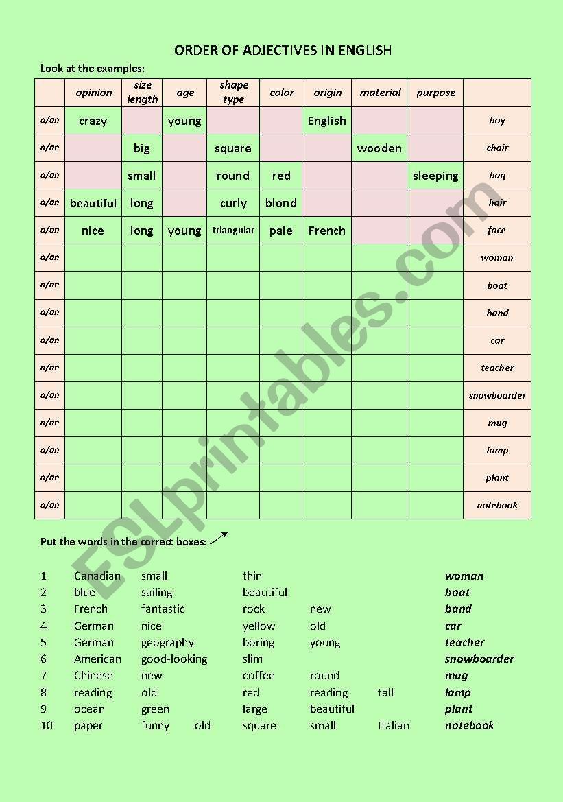 Order of adjectives worksheet