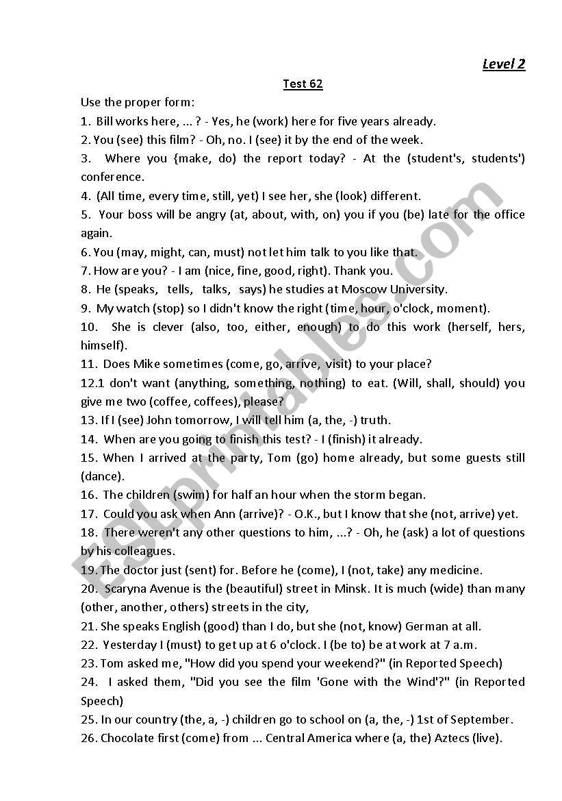 Tests: Level 2 worksheet