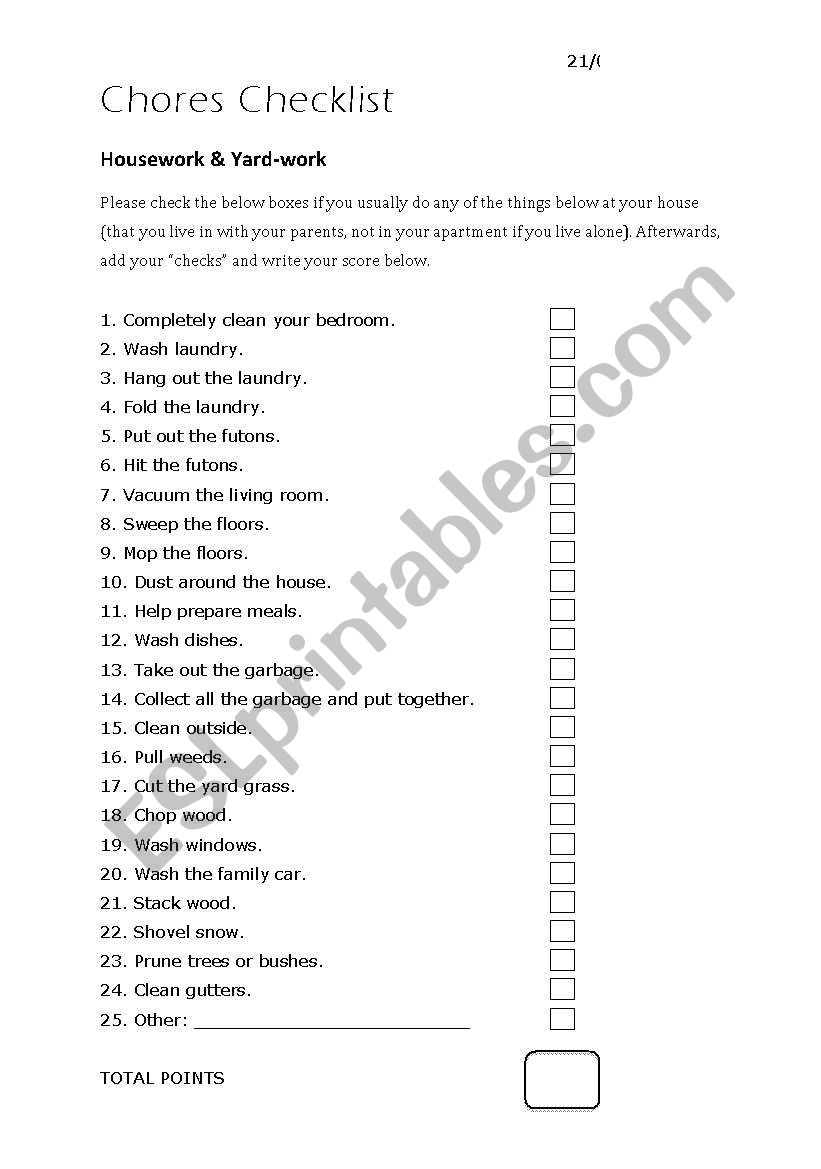 Chores Checklist worksheet