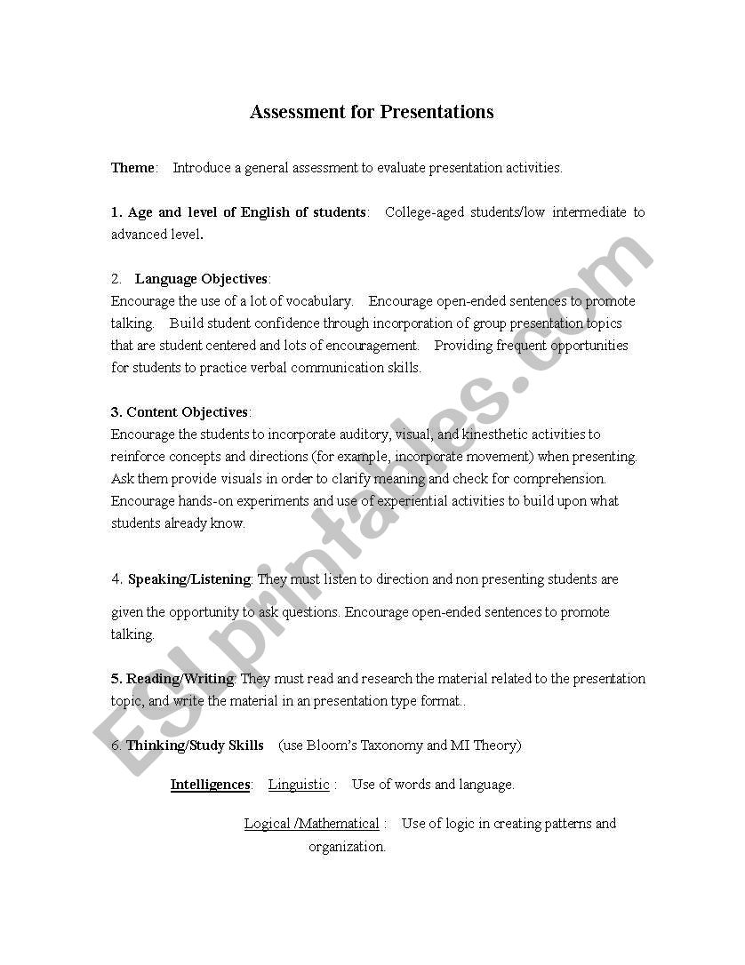 Assessment/Evaluation/Grading for Presentations