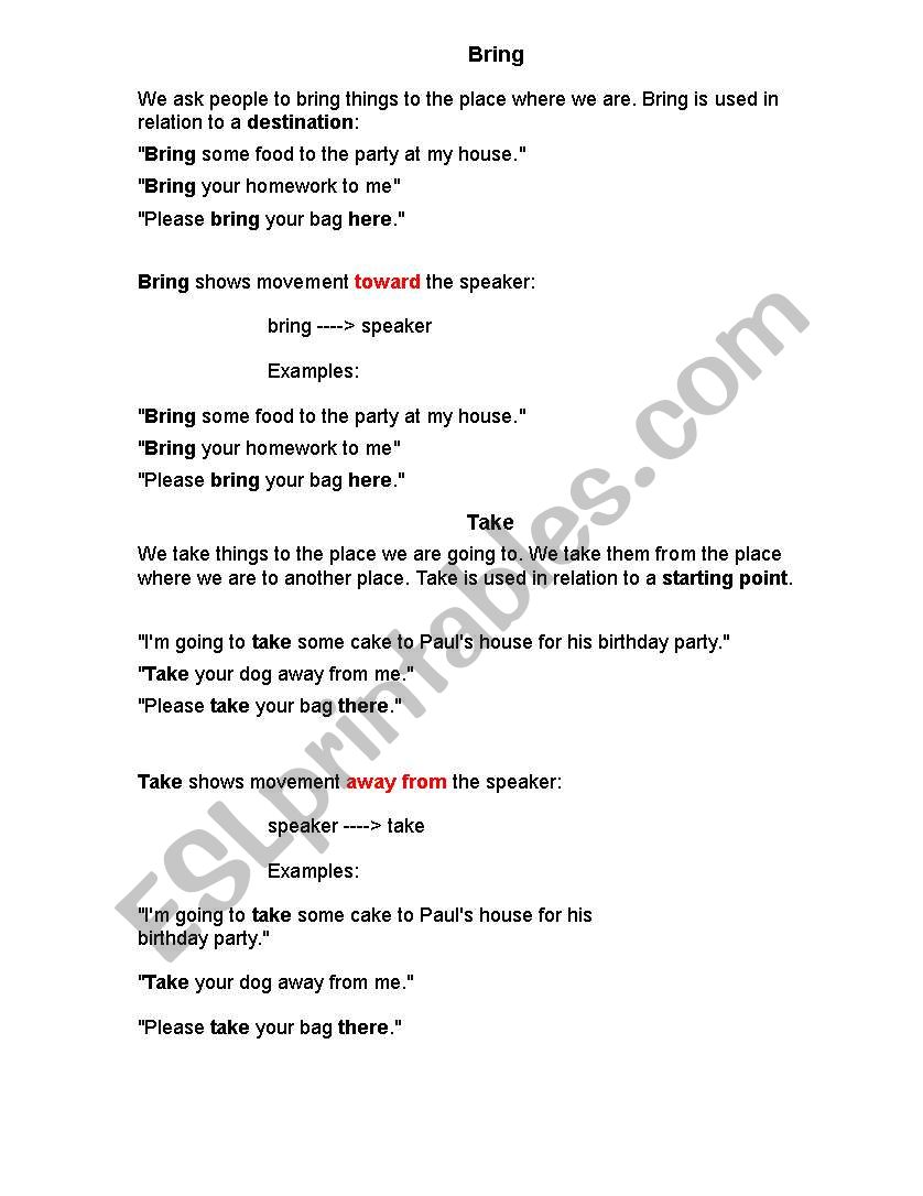 Bring, Take, Get worksheet