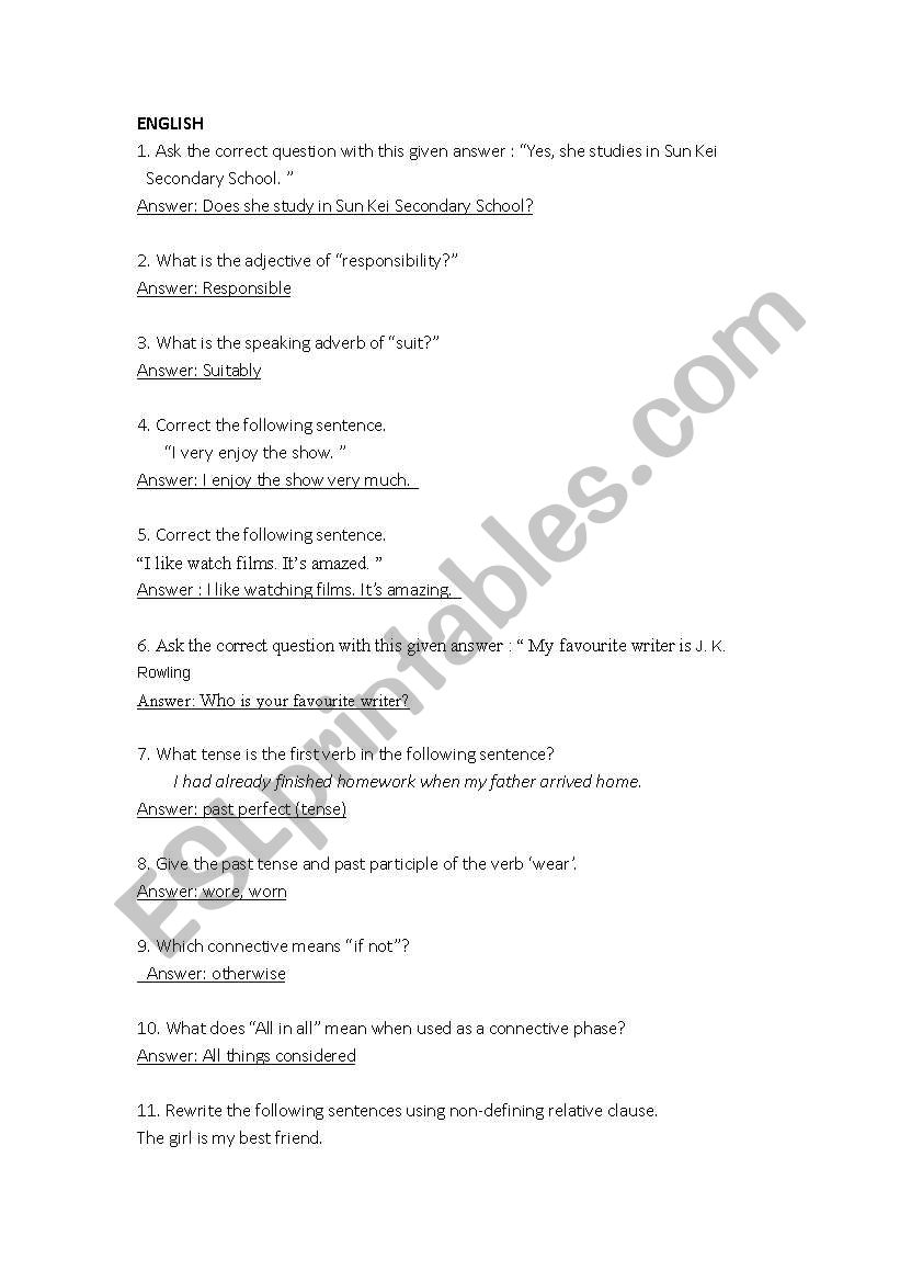 English Knowledge worksheet