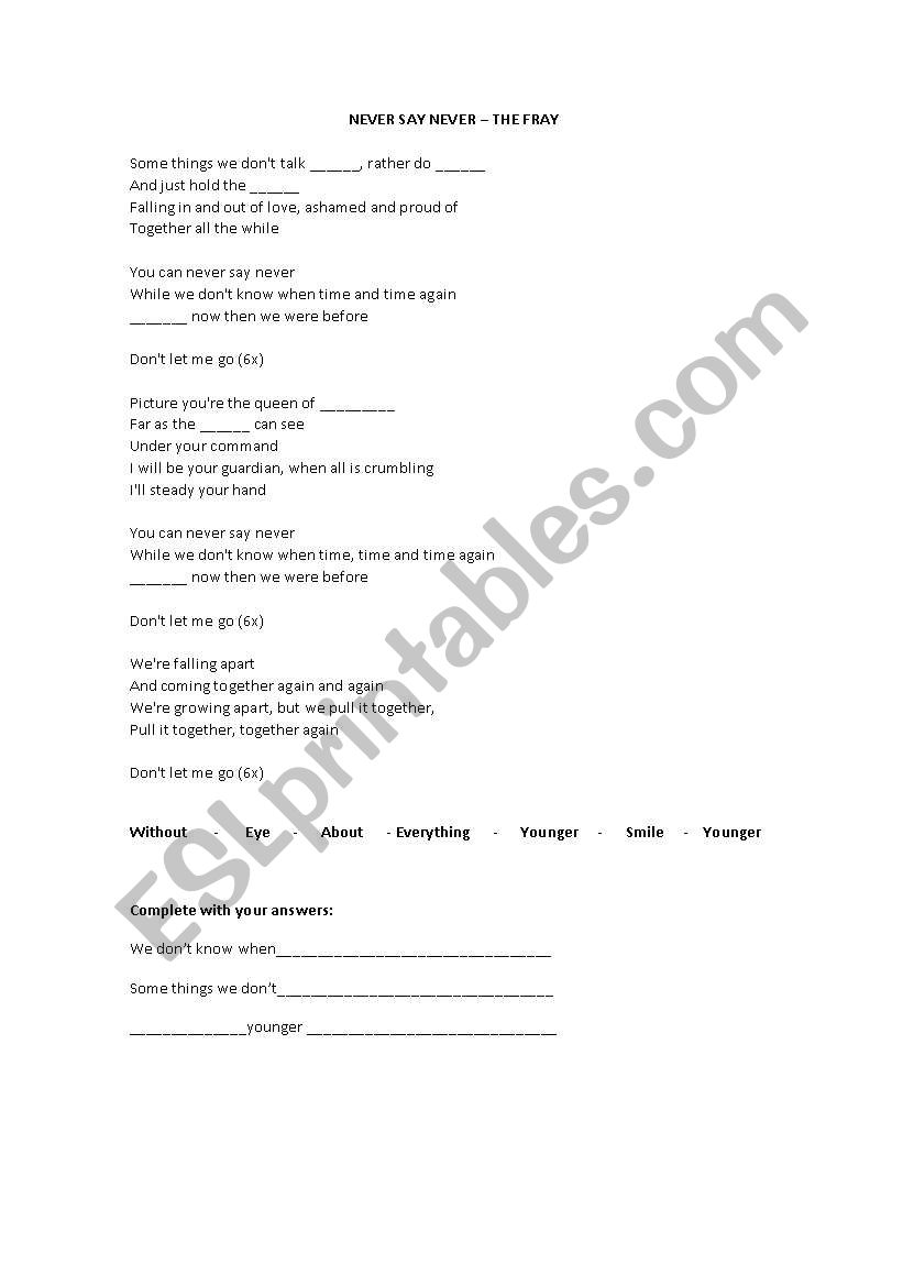 the fray - never say never worksheet