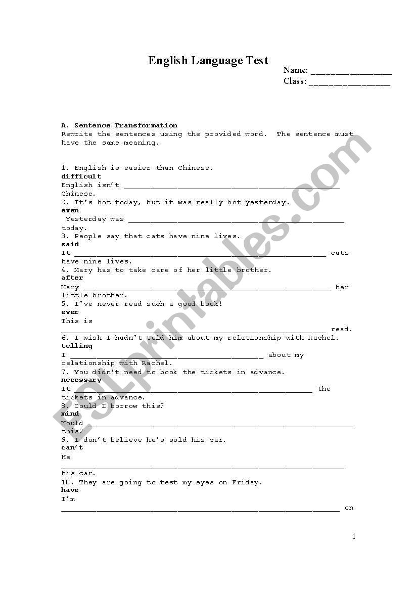 Use of English test worksheet