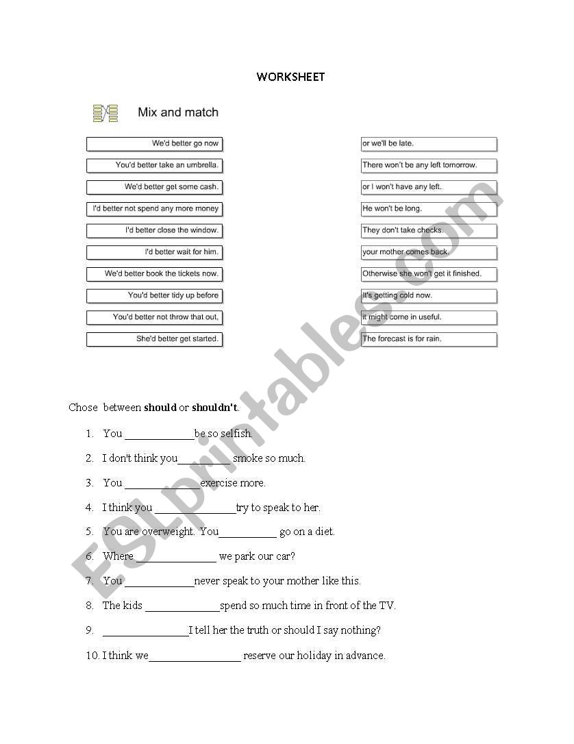 Had better- advice worksheet