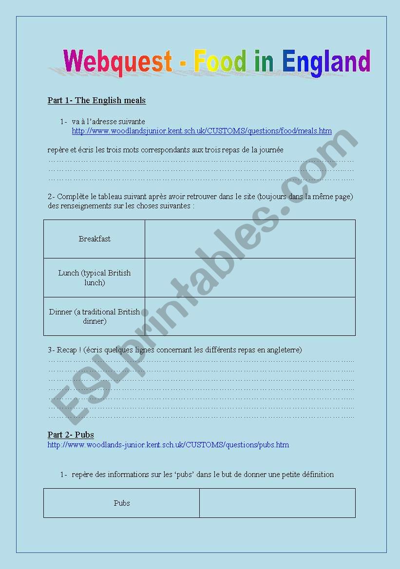 webquest on English food worksheet