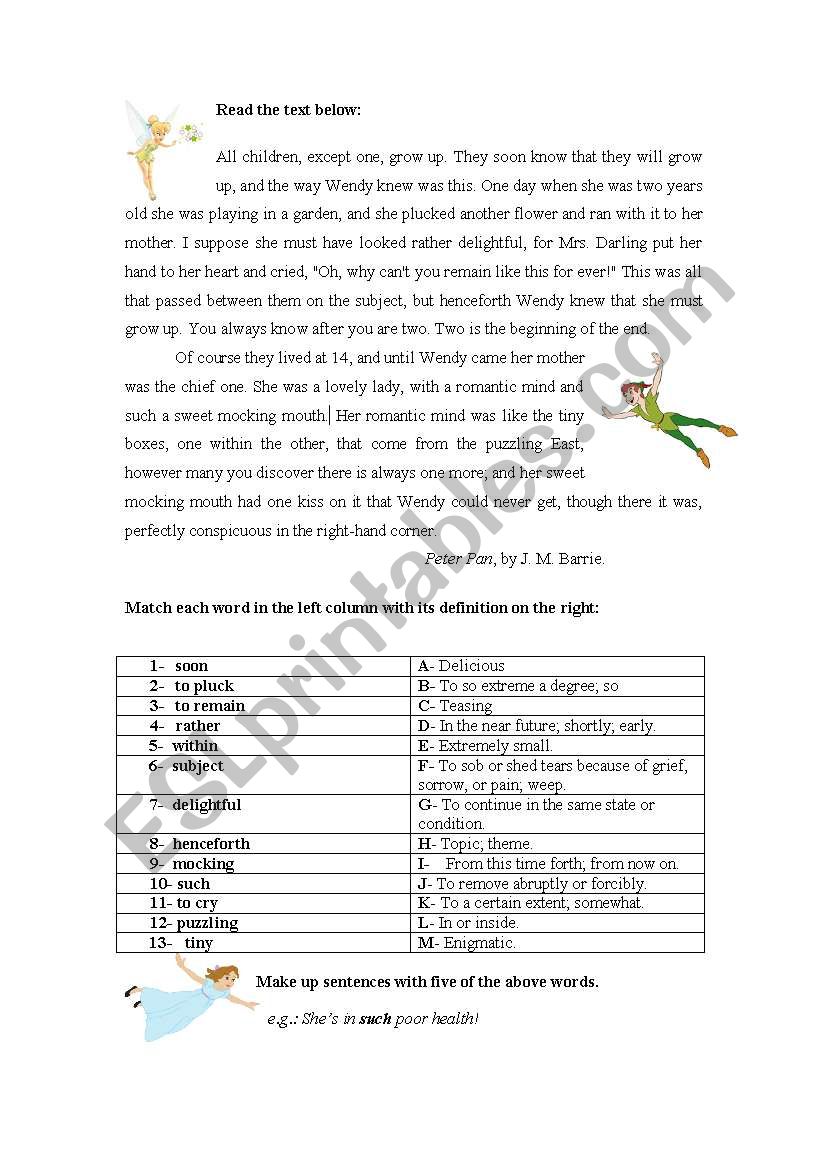 Peter Pan (matching meanings) worksheet