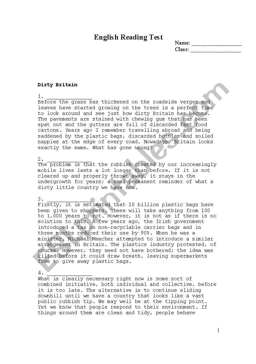 Dirty Britain worksheet